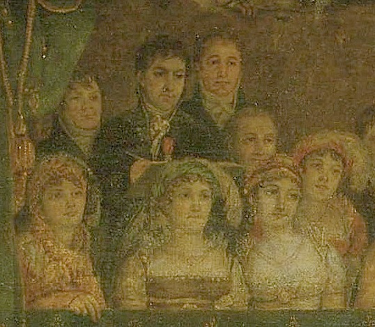 Jacques-Louis David, Kronanje Napoleona oz. Napoleon krona Jožefino, detajl s slikarjem Davidom, (1805–1807), javna last · digitalna reprodukcija dostopna z Wikimedia Commons (dostop dne 2. 12. 2025).