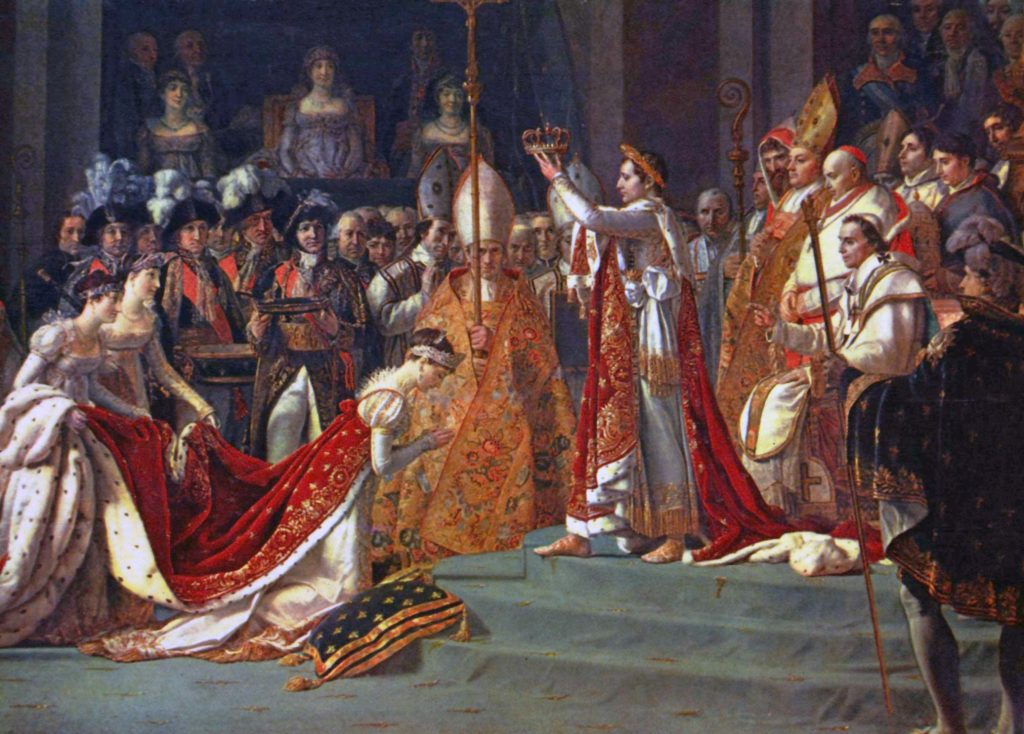 Jacques-Louis David, Kronanje Napoleona oz. Napoleon krona Jožefino, detajl s kronanjem Jožefine - v desnem kotu se nahaja papež, (1805–1807), javna last · digitalna reprodukcija dostopna z Wikimedia Commons (dostop dne 2. 12. 2025).