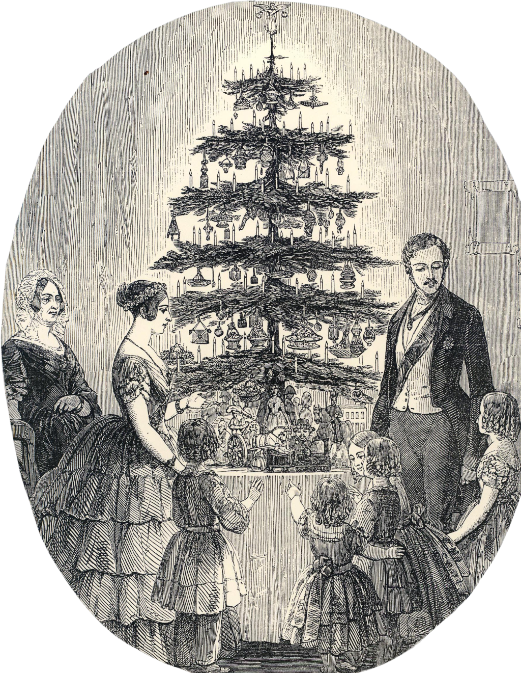Joseph Lionel Williams (pripisano), Victoria and Albert Christmas Tree – Kraljica Viktorija in princ Albert ob božičnem drevesu z otroci in služabnico, javna domena; vir: Wikimedia Commons, File:Victoria_and_Albert_Christmas_Tree.png, dostop 23. 12. 2025.