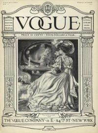 Ena izmed prvih številk revije Vogue Magazine iz leta 1908, 13. februar 1908, javna domena; vir: Wikimedia Commons, File: VogueMagazine13Feb1908.jpg, dostop 22. 12. 2025; licenca: CC BY‑SA 4.0.
