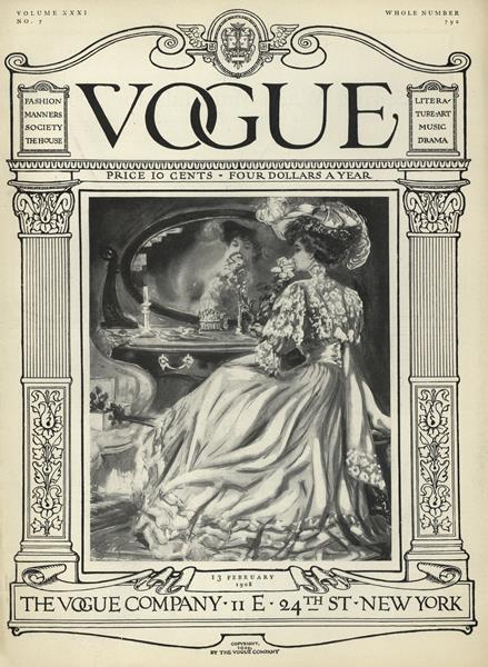 Ena izmed prvih številk revije Vogue Magazine iz leta 1908, 13. februar 1908, javna domena; vir: Wikimedia Commons, File: VogueMagazine13Feb1908.jpg, dostop 22. 12. 2025; licenca: CC BY‑SA 4.0.