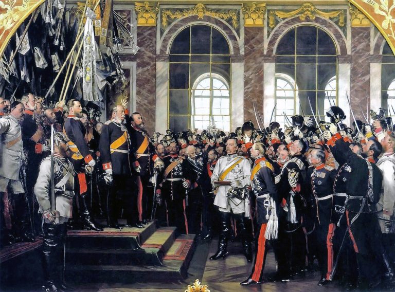 Razglasitev Nemškega cesarstva v Dvorani zrcal v Versaillesu, Anton von Werner, 1885, javna domena; vir: Wikimedia Commons, File: A v Werner – Kaiserproklamation am 18. Januar 1871 (3. Fassung 1885).jpg, dostop 8. 1. 2026.