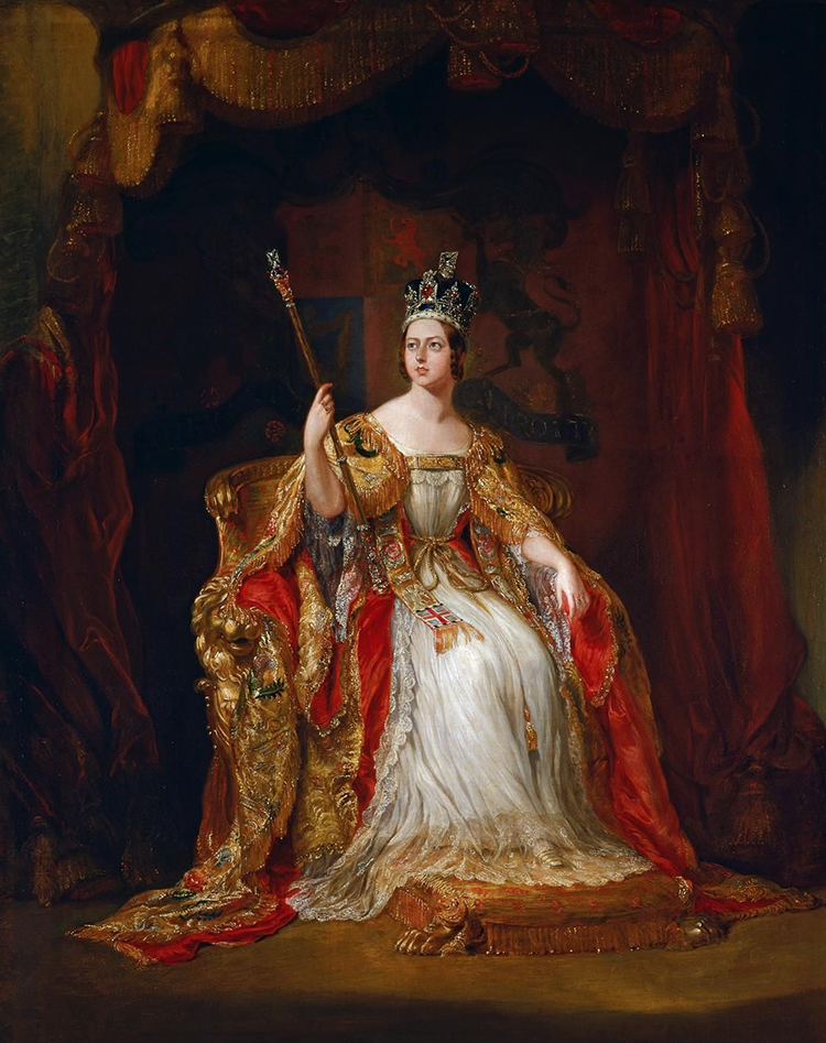 George Hayter, Kronanski portret kraljice Viktorije, 1838, javna domena; vir: Wikimedia Commons, File: Coronation portrait of Queen Victoria 1838.jpg, dostop 1. 1. 2026.
