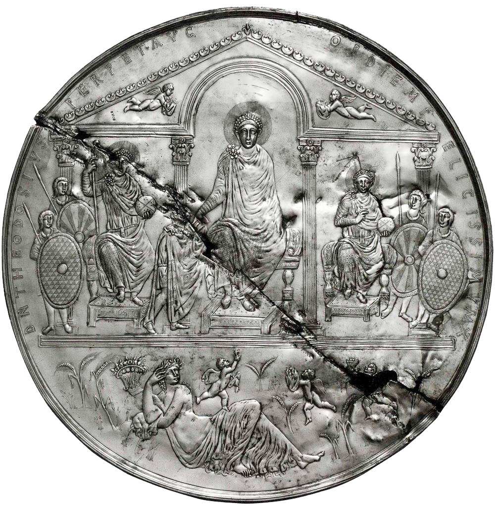 Missorium (ceremonialni pladenj) cesarja Teodozija I., 388, srebro, premer: 74 cm, Madrid (avtor posnetka: Italica Res, javna domena); vir: Wikimedia Commons, File: Disc of Theodosius.png, dostop 21. 1. 2026.