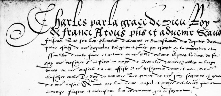 Edikt iz Saint-Germaina, prva stran rokopisa (avtor zapisa/izvirnega dokumenta: Michel de l’Hôpital, 1562, javna domena), obrezano; vir: Wikimedia Commons, File:Edict_of_Saint-Germain.png, dostop 12. 1. 2026.