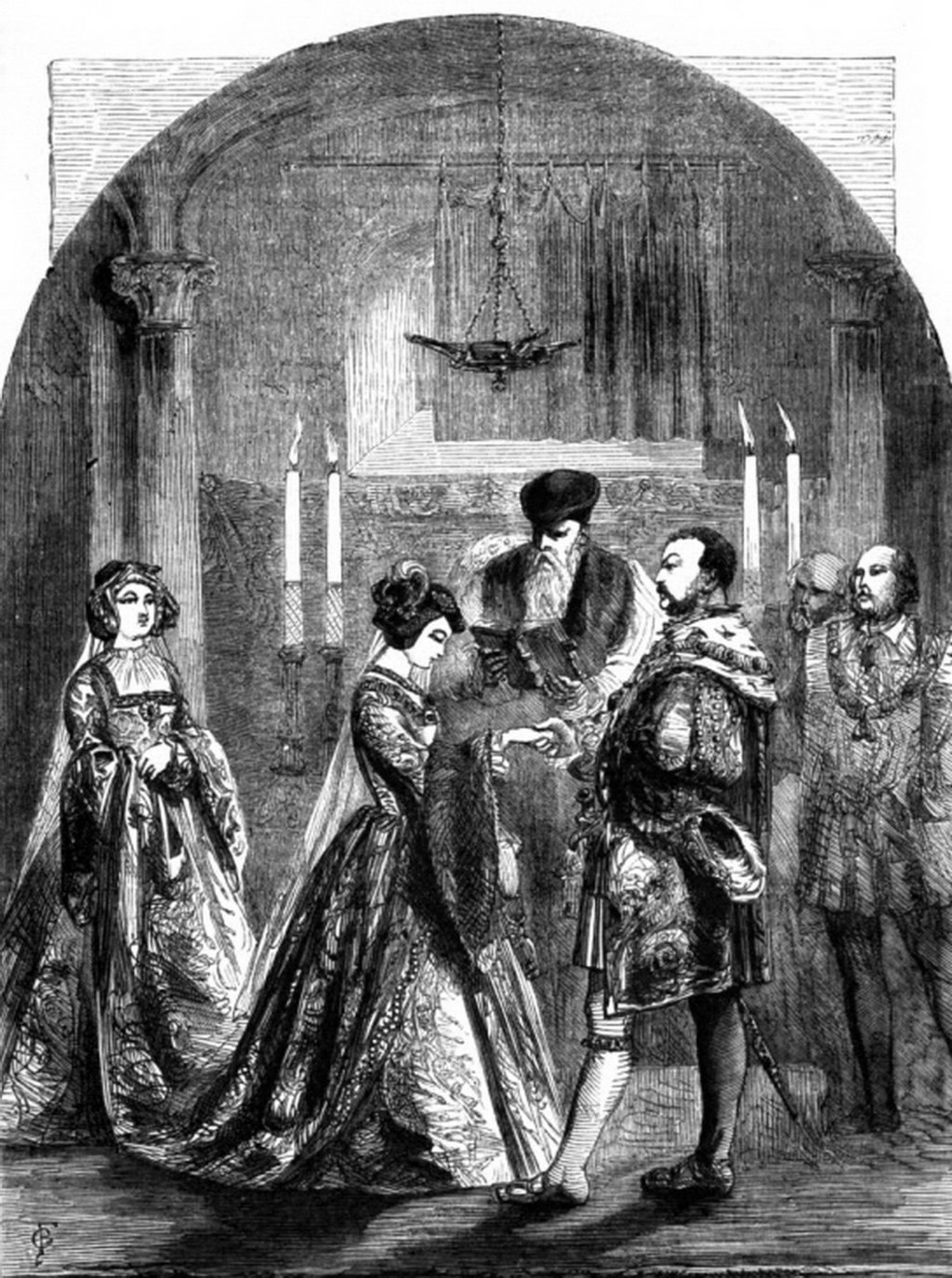 Skrivna poroka Ane Boleyn in Henrika VIII (gravura iz okoli 1865, javna domena); vir: Wikimedia Commons, File: P205‑Private Marriage of Anne Boleyn to Henry VIII.jpg, dostop 23. 1. 2026. 