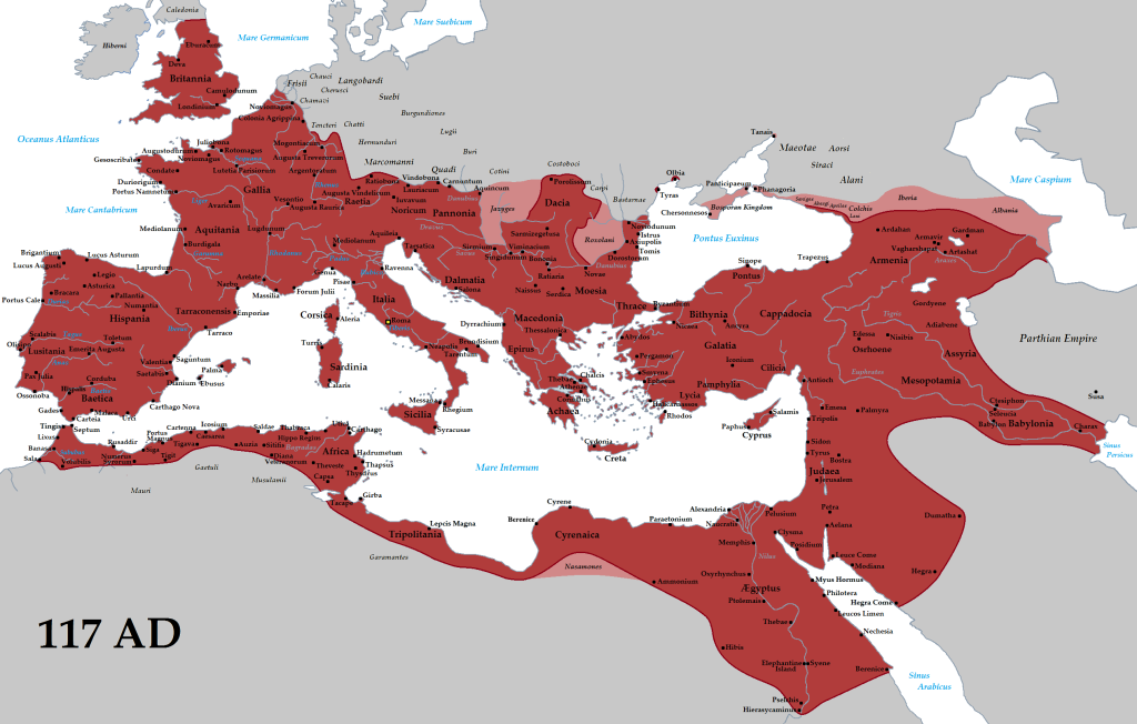 Tataryn (avtor zemljevida), Rimsko cesarstvo v letu 117 n. št. (Roman Empire Trajan 117AD.png), CC BY-SA 3.0, obrezano; vir: Wikimedia Commons, File: Roman Empire Trajan 117AD.png, dostop 15. 1. 2026.