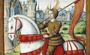 Ivana Orleanska, ilustracija iz dela Les vies des femmes célèbres, 1506, javna domena; vir: Wikimedia Commons, File: Jeanne_d’Arc_-_Les_vies_des_femmes_célèbres.jpg, dostop 5. 1. 2026; obrezano.