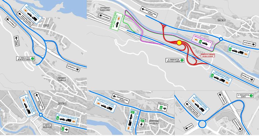 V sklopu FAZE 01 je predvidena vzpostavitev popolne zapore celotnega avtocestnega priključka Jesenice zahod (Hrušica), kraki A, B, C in D. 