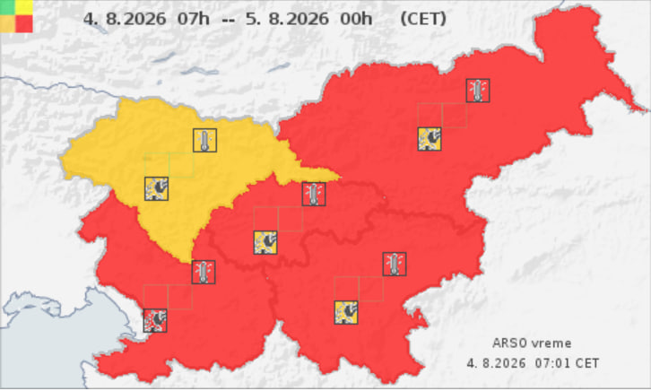 Vročinski val se seli proti vzhodu, za večino države velja rdeče opozorilo